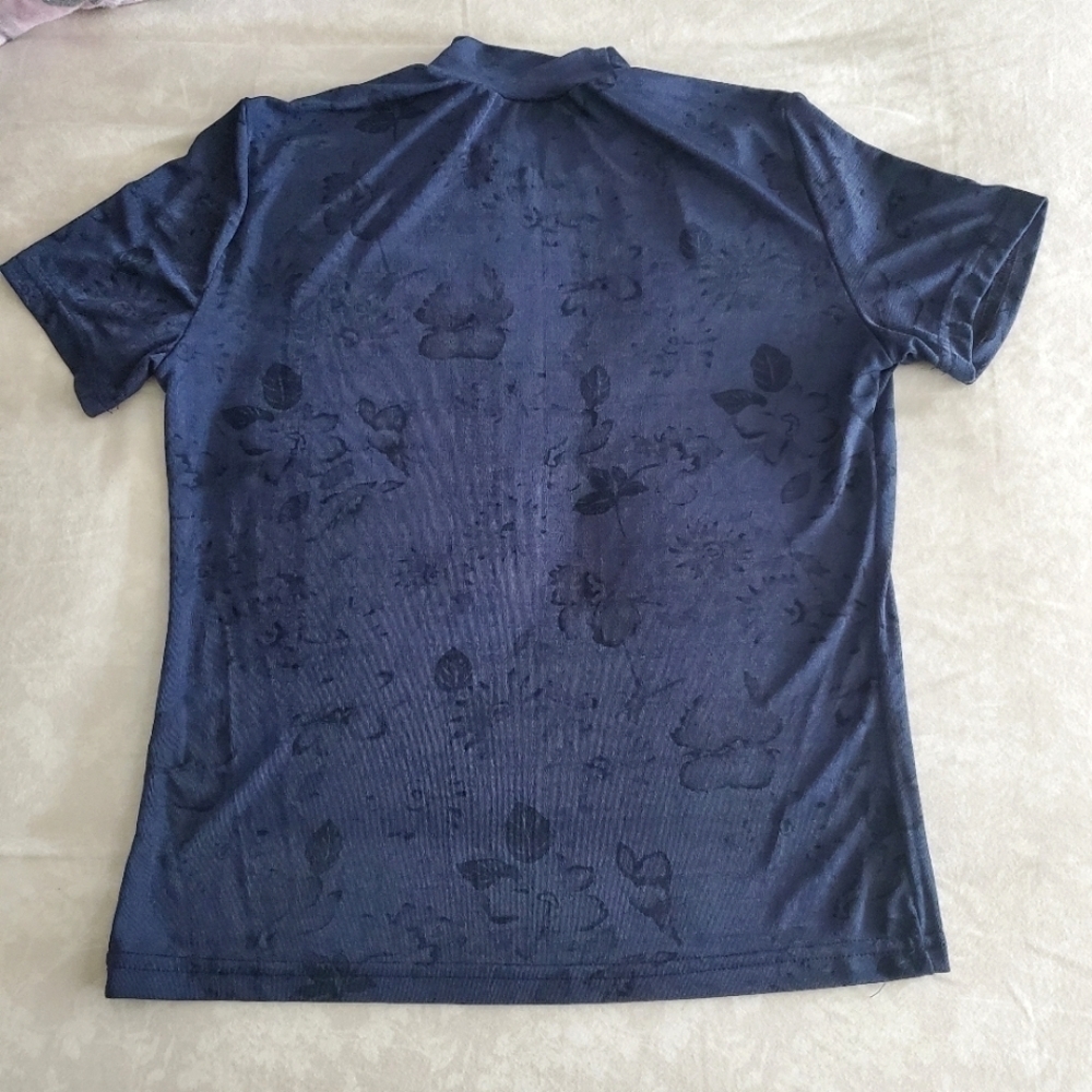 Carroll Reed Floral Print Mockneck Top Short Sleeves Pleated Relaxed-Fit Blue - Picture 5 of 6